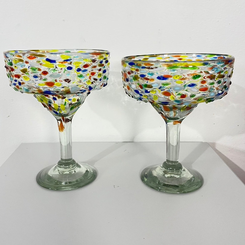 Confetti‎ Margarita Glasses Hand Blown Fused Textured Mexico 14oz Set Of 2